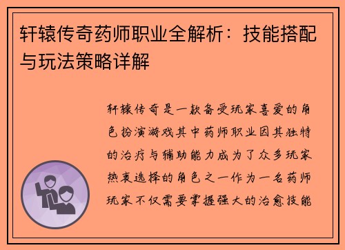 轩辕传奇药师职业全解析：技能搭配与玩法策略详解